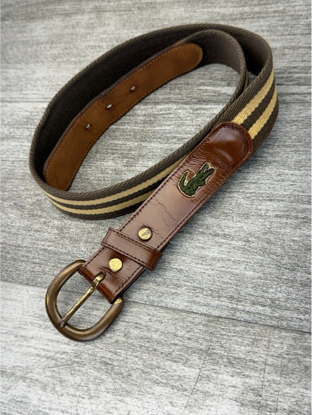 VTG Lacoste Ribbon Surcingle Leather Web Golf Belt 80s Preppy Men’s 34W Brass